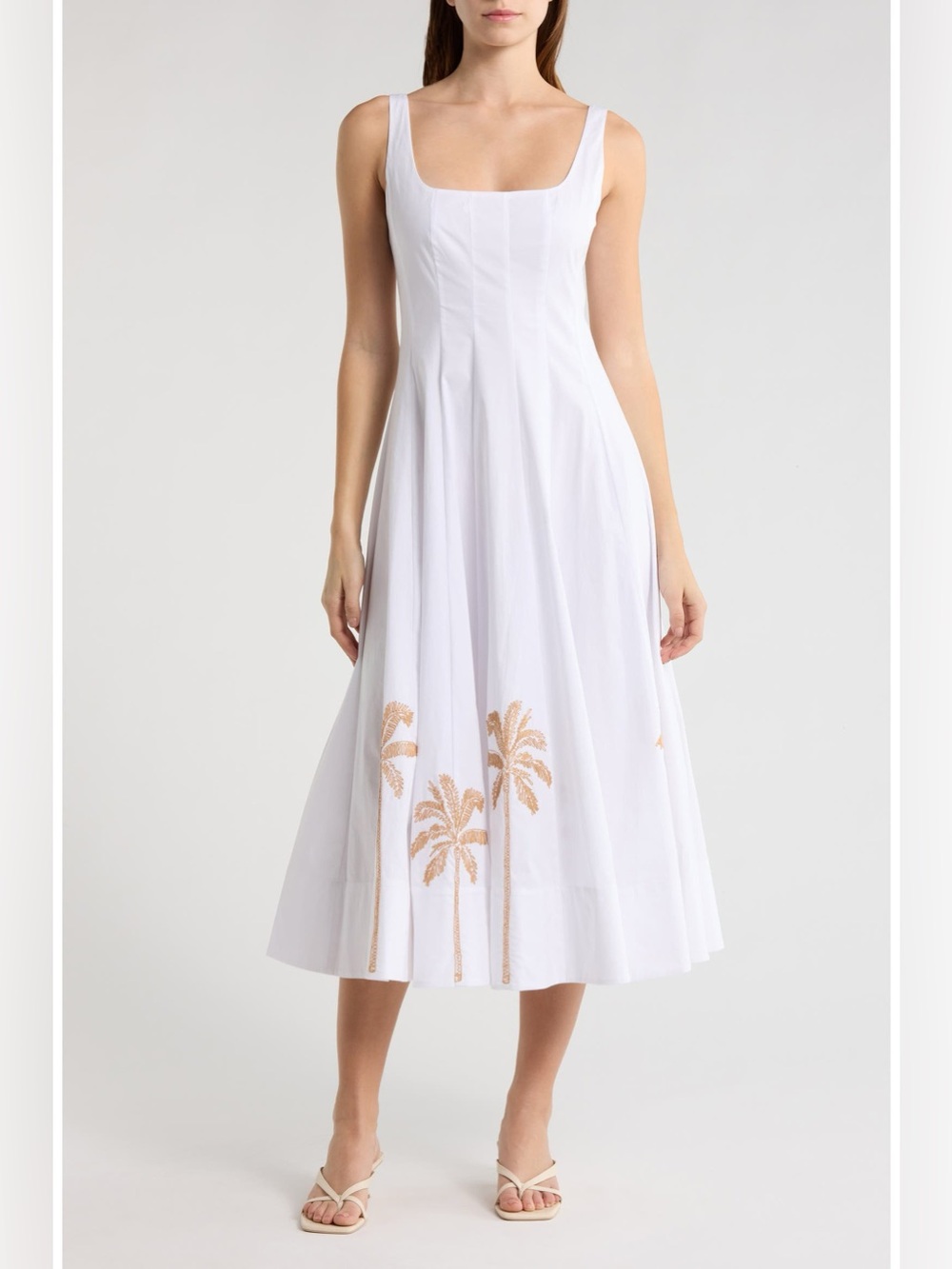 Staud Wells Sleeveless Midi Sundress Embroidered Palm Trees White Size 10